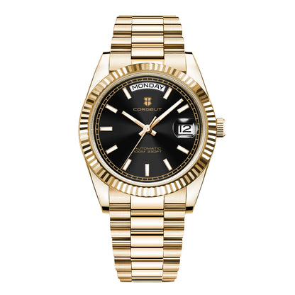 CORGEUT NH36 Mechanical Men's Watch Date of the Week Show President Chain Strap Steel Case Watch Threaded Arc Bezel waterp
