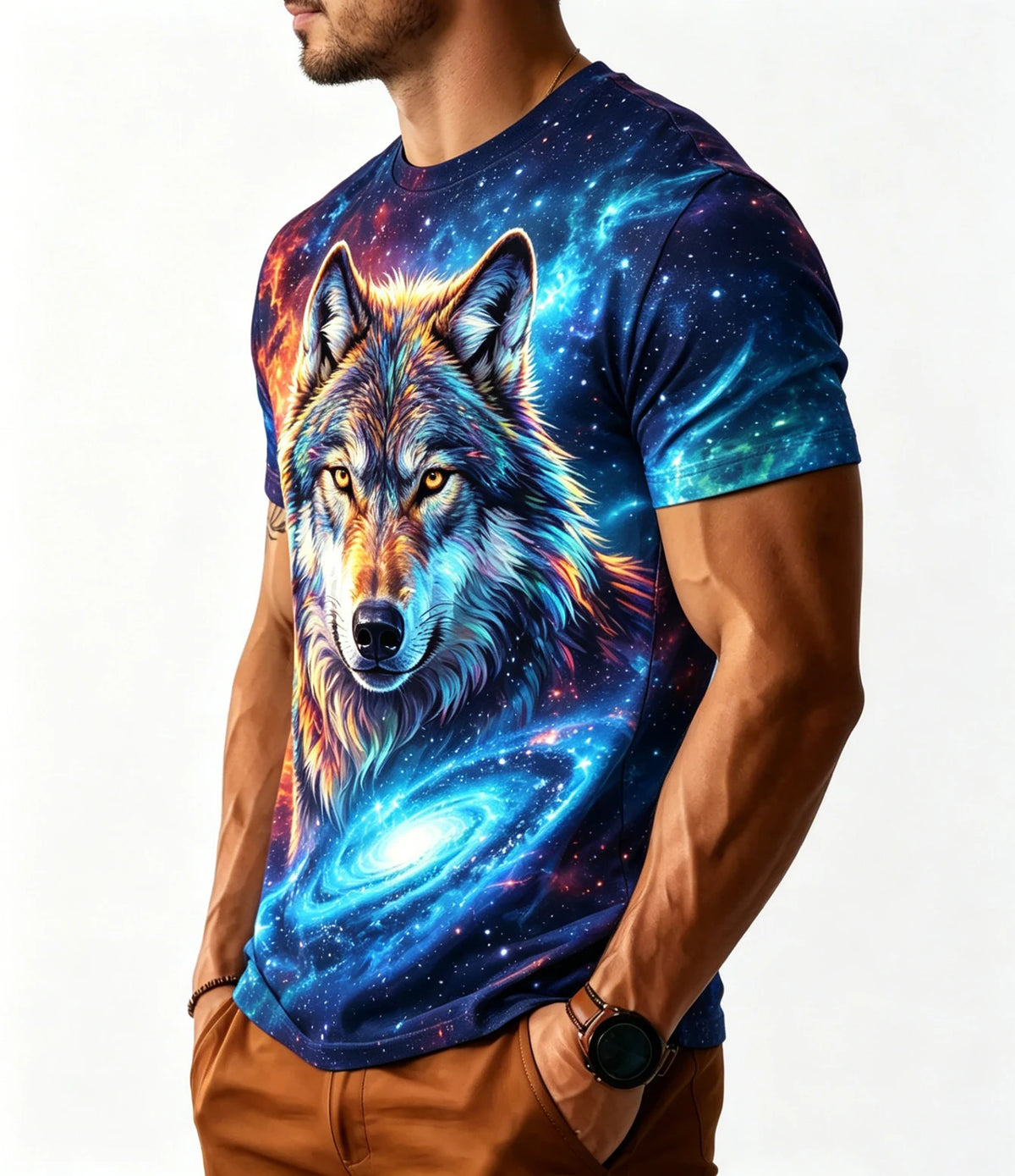 Men's Galaxy Wolf T-Shirt Seamless All Over Print 3D Cosmic Space Wildlife Graphic Crew Neck Outdoor Casual Short Sleeve T-Shirt