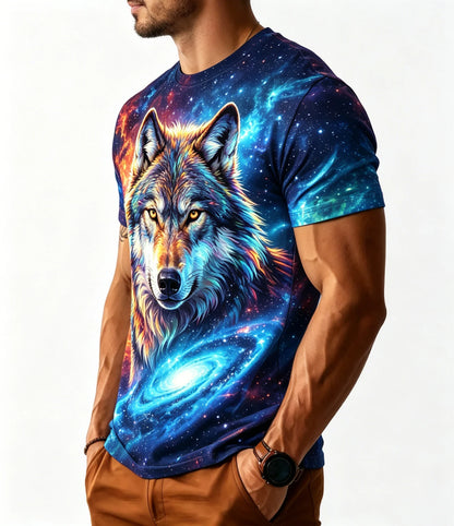 Men's Galaxy Wolf T-Shirt Seamless All Over Print 3D Cosmic Space Wildlife Graphic Crew Neck Outdoor Casual Short Sleeve T-Shirt