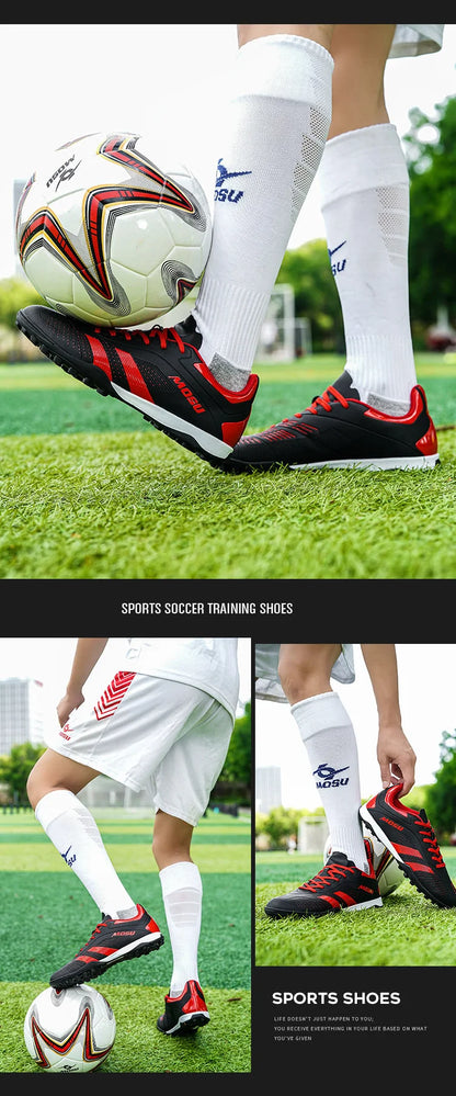 Nové pánské a dámské fotbalové boty pro halové i venkovní sporty, s dlouhými a lomenými kolíky na fotbalový trénink na podložce