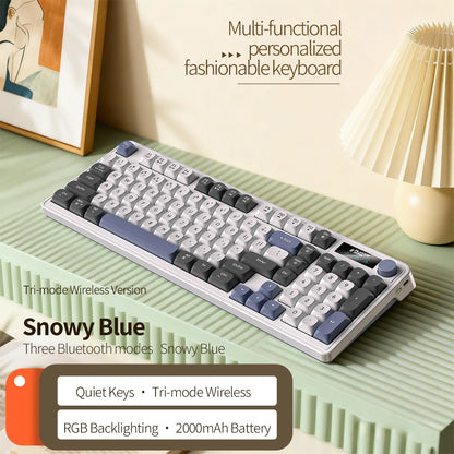 98 key Wireless Keyboard Knob Control BT/2.4g/Wired,RGB LED Backlight Display,2000mA Battery for PC/Laptop
