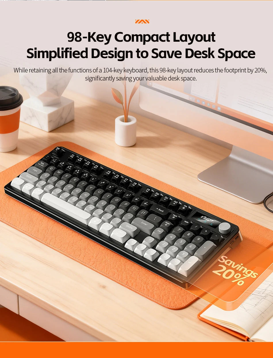 98 key Wireless Keyboard Knob Control BT/2.4g/Wired,RGB LED Backlight Display,2000mA Battery for PC/Laptop