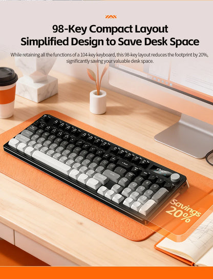 98 key Wireless Keyboard Knob Control BT/2.4g/Wired,RGB LED Backlight Display,2000mA Battery for PC/Laptop