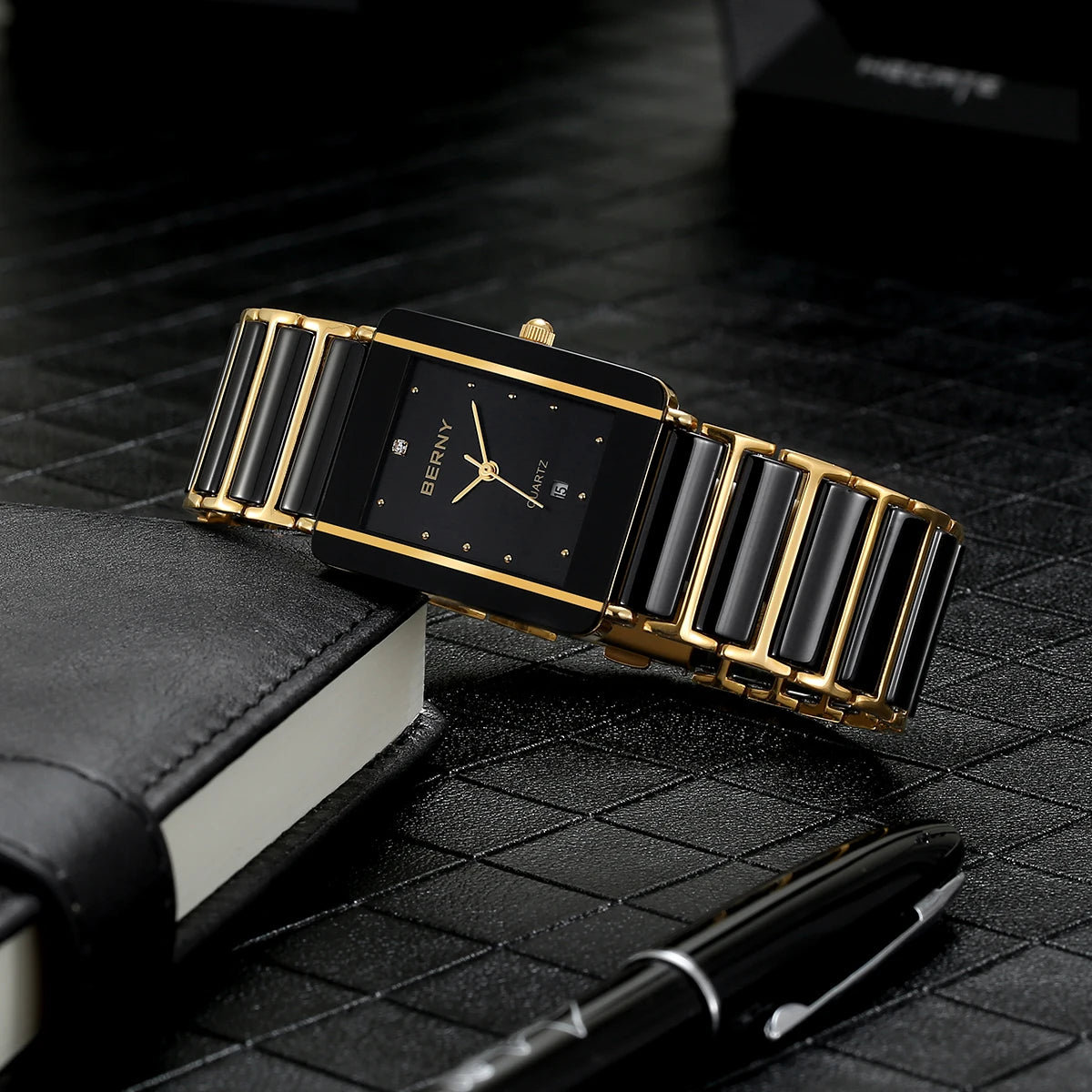 BERNY Ceramic Quartz Men Watch Fashion Luxury Rectangle Wristwatch XV12 Waterproof Calendar Diamon Black Gold Couple Gifts Watch