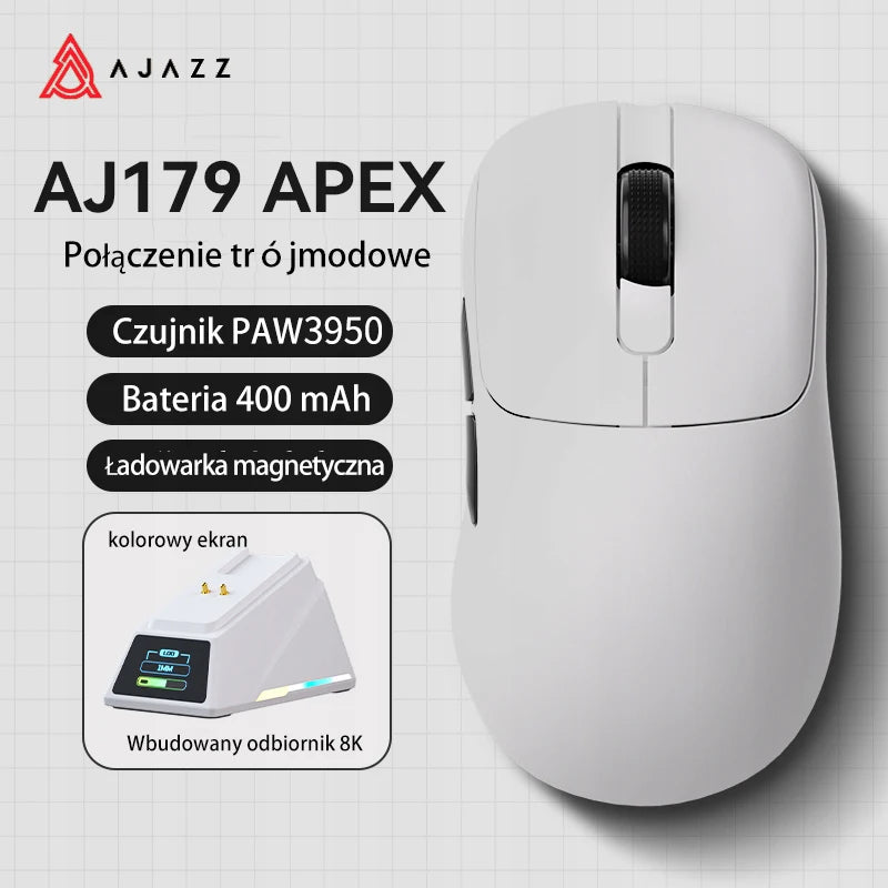 Mouse da gaming AJAZZ AJ179 APEX con dock con schermo a colori, ricarica magnetica, alta frequenza 8000Hz /, tri-mode (PAW3950) per destrimani