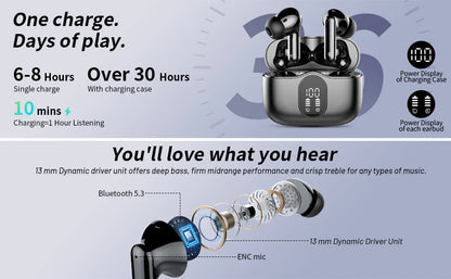 Wireless Earbuds Bluetooth 5.3 ENC Mic – 36H Playtime LED Display Wireless Earbuds with Noise Cancelling, Deep Bass In-Ear Headphones