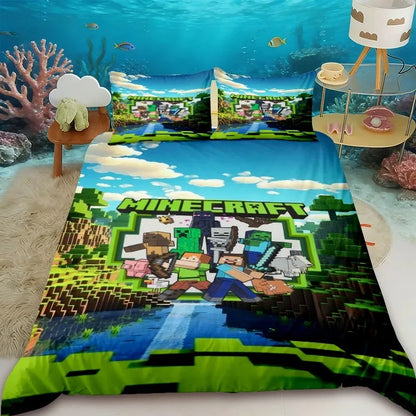 Cartoon Children Duvet Cover Minecraft Cartoon Quilt Cover Bedding Set Queen King Full Size with 1/2 Pillocase Bedroom