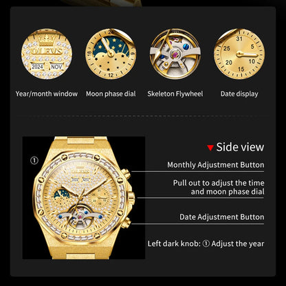 OLEVS Gold Steel Mens Watches Top Brand Automatic Mechanical Luxury Watch Sport Waterproof Tourbillon Wrist Watch Reloj Hombre