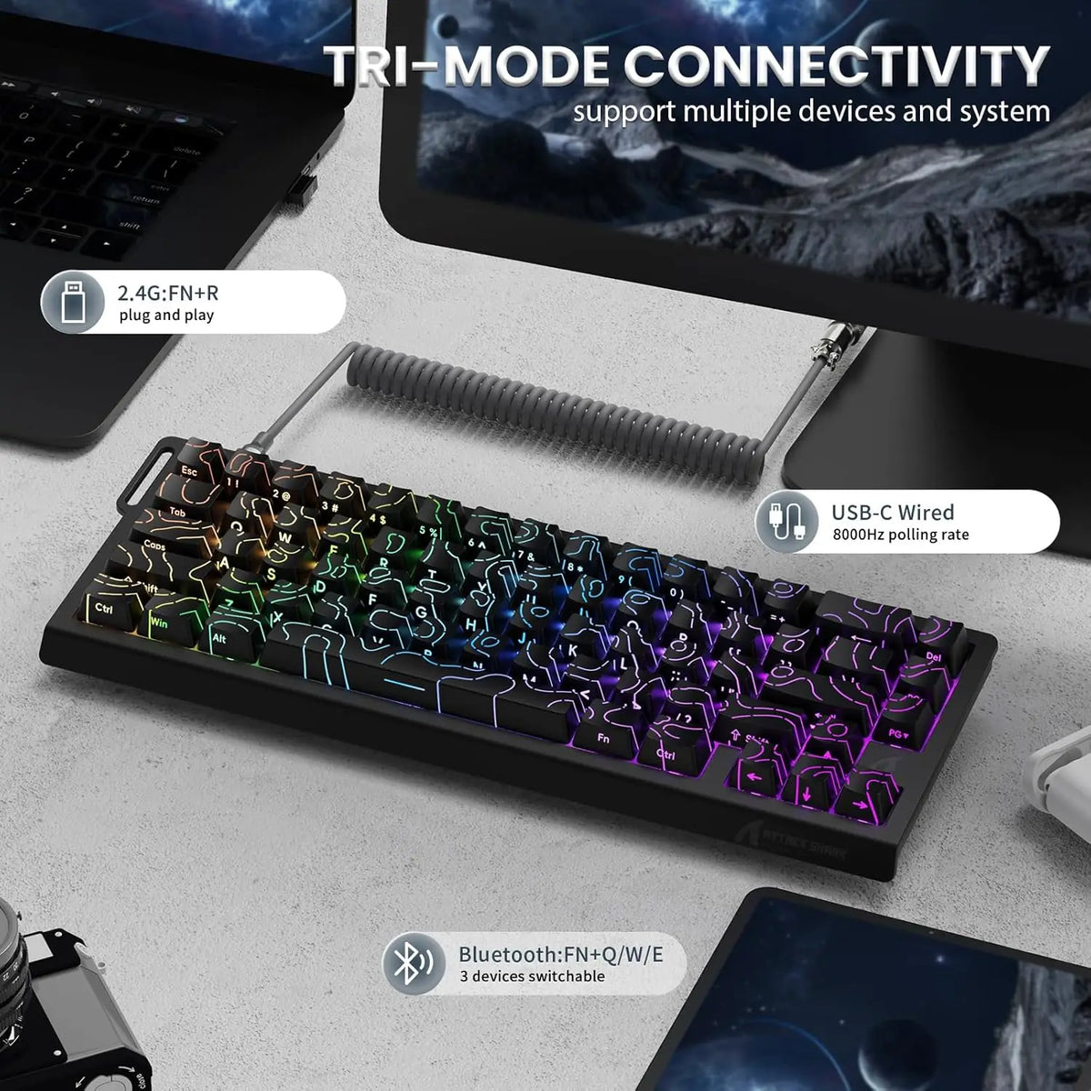 ATTACK SHARK X68PRO HE Wireless Rapid Trigger Gaming Keyboard, 60% Hall Effect Magnetic Keyboard, Tri-Mode Mechanical Gaming Keyboard with 8K Polling Rate & Adjustable Actuation