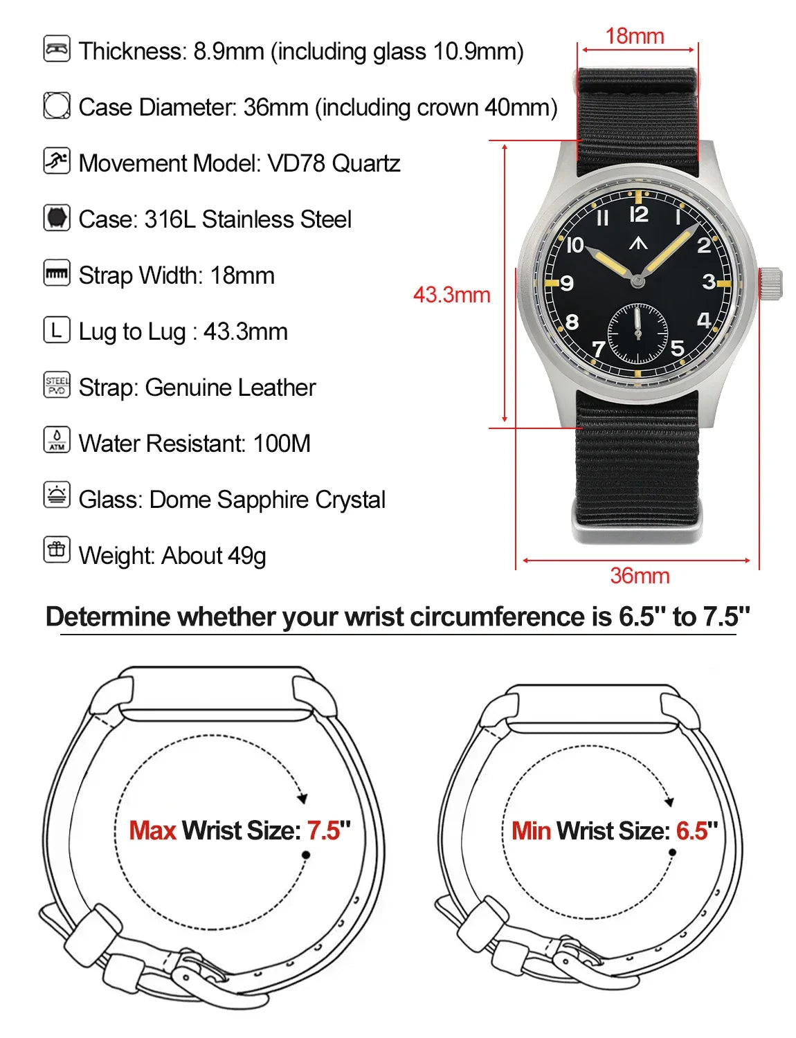 Militado D12 Quartz Watch Men VD78 Movement Domed Sapphire Crystal V2 Clear AR Coating Wristwatch 10Bar Water Resistance Watches