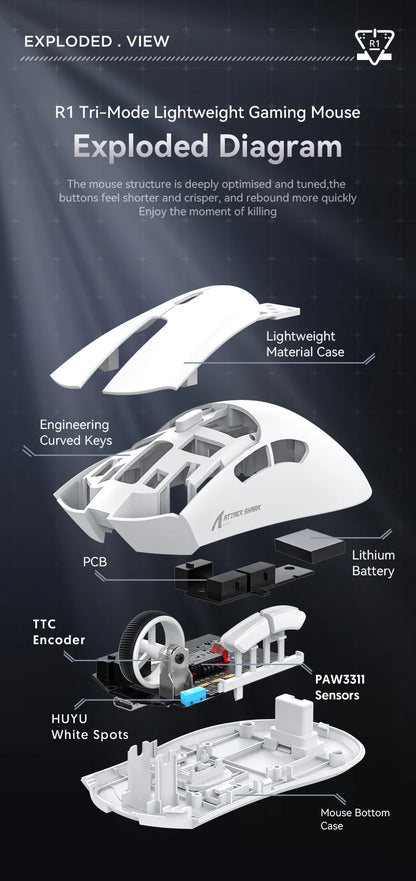 Attack Shark R1/X11 Tri-Mode Wireless Gaming Mouse, 18,000 DPI PAW3311 Bluetooth, 2.4GHz & Wired Lightweight Programmable Gaming Mouse for PC & Laptop