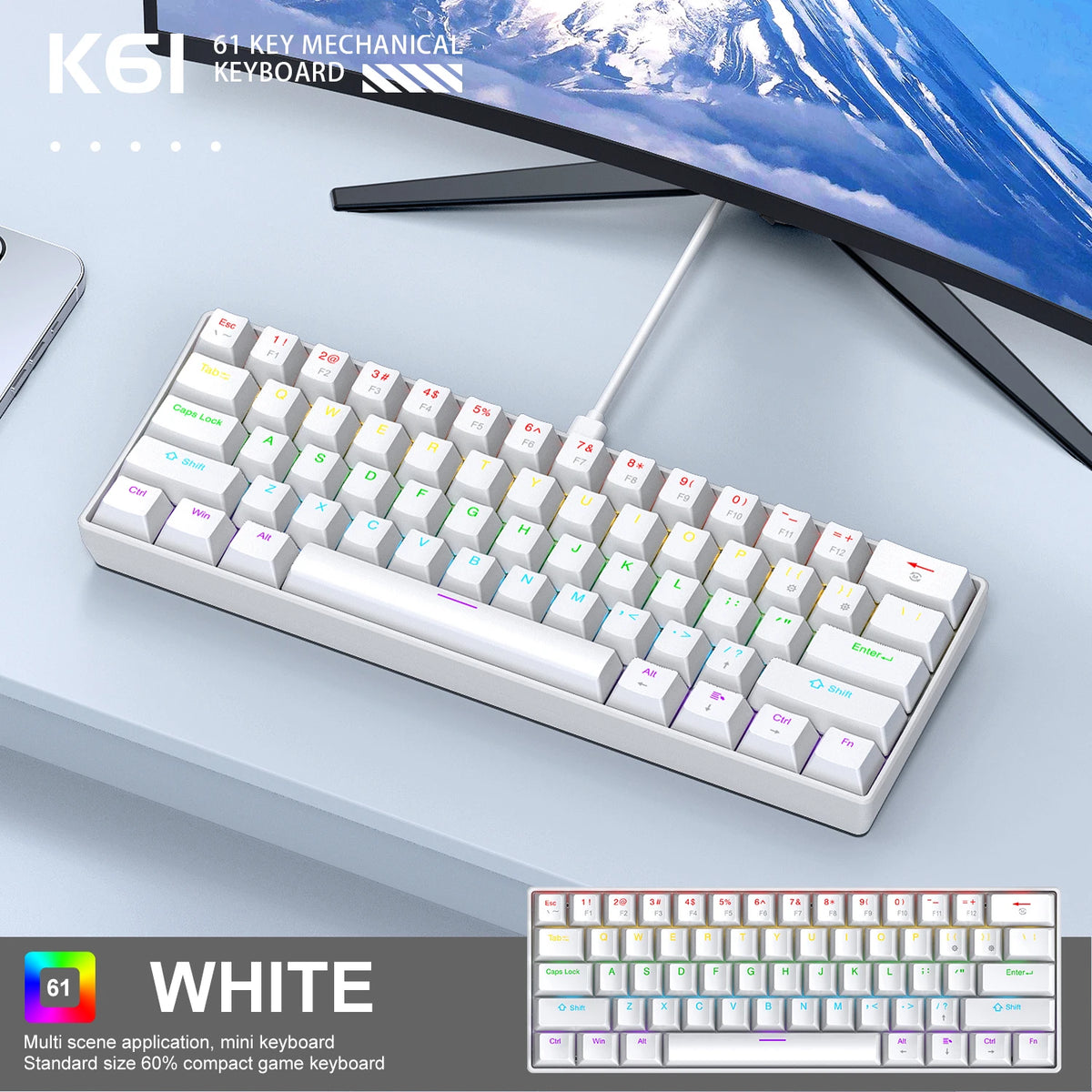 APAYADO K61 60% mini drátová herní mechanická klávesnice Phantom RGB, 61 kláves, červené/modré spínače, ergonomická, přenosná pro PC/notebook