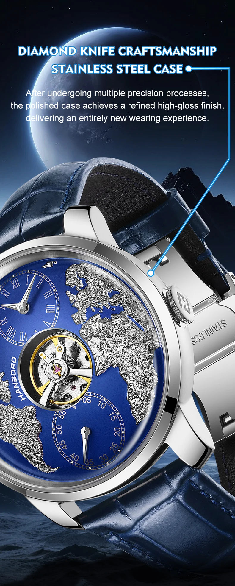 HANBORO World Time Series Men's Fully Automatic Mechanical Watch with Hollow Flywheel World Earth Personality Watch 1026