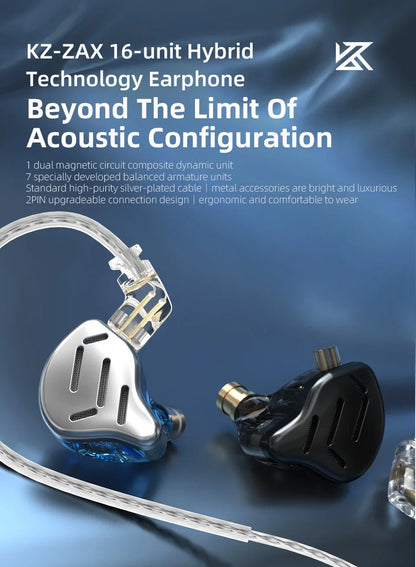 KZ ZAX 7BA+1DD Hybrid In-Ear Earphones – 16 Drivers HiFi Wired IEM Earbuds with Detachable Cable & Microphone