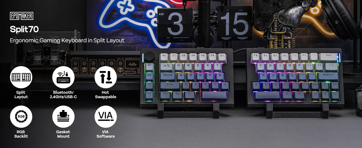 EPOMAKER Split70 QMK/VIA 70% Split Layout Wired/BT/2.4Ghz Wireless Mechanical Keyboard with Programmable Knob Mac Modifier