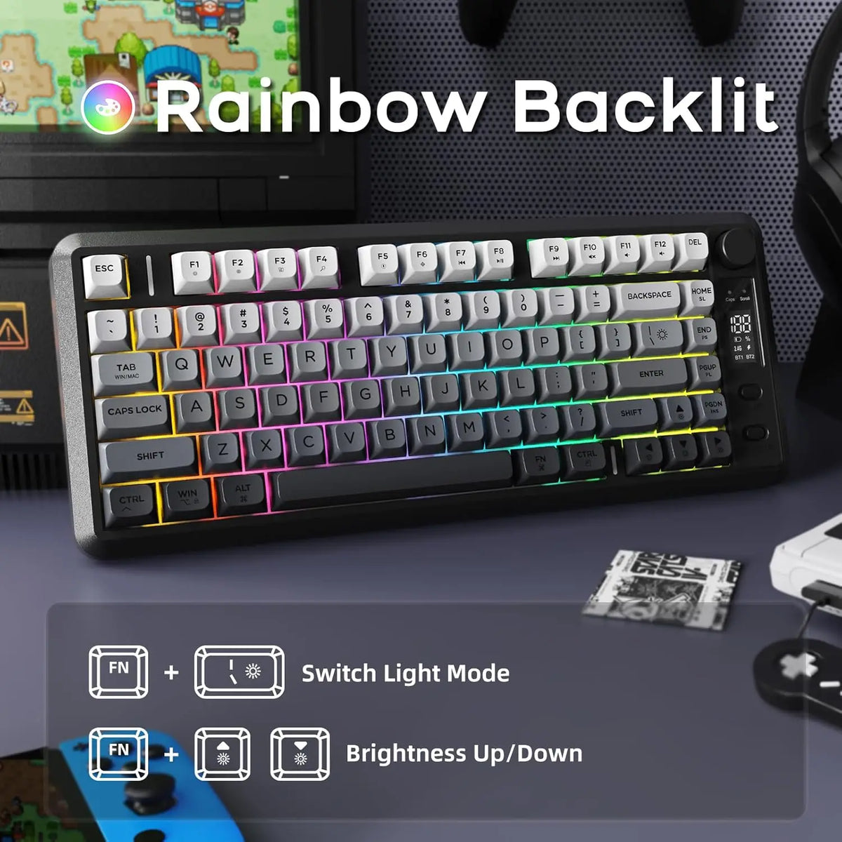 ATTACK SHARK M75 Wireless Membrane Gaming Keyboard with OLED Display, Bluetooth & 2.4GHz Tri-Mode, RGB Backlit PBT Keycaps, Multifunction Knob
