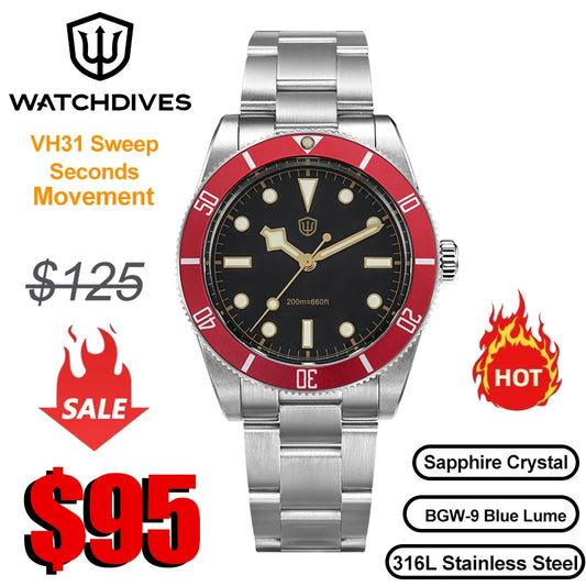 Watchdives WD7922 BB54 Watch VH31 Sweep Second Movement Sapphire Crystal 20bar Waterproof C3 Luminous 37mm Vintage Watches