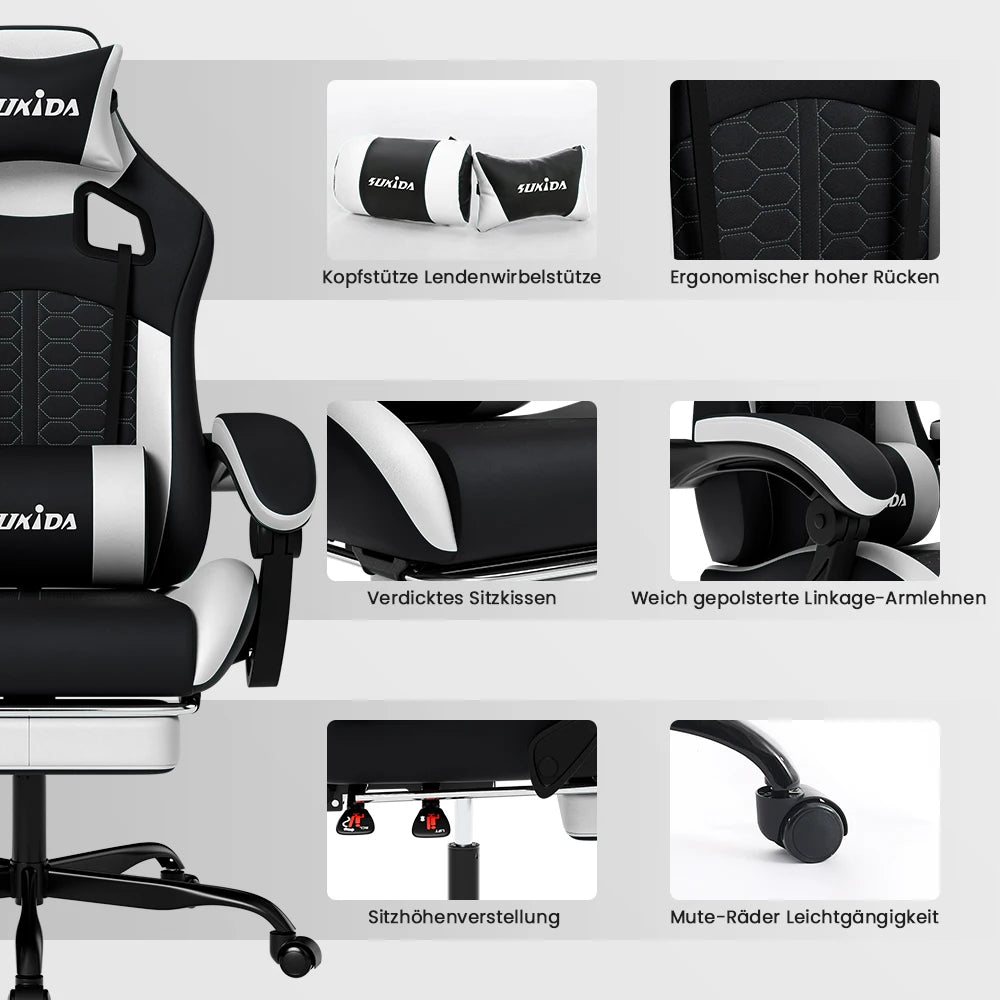 SUKIDA Ergonomic Gaming Chair with Lumbar Support, Adjustable Racing Office Chair, Swivel Executive Chair with Headrest and Armrests