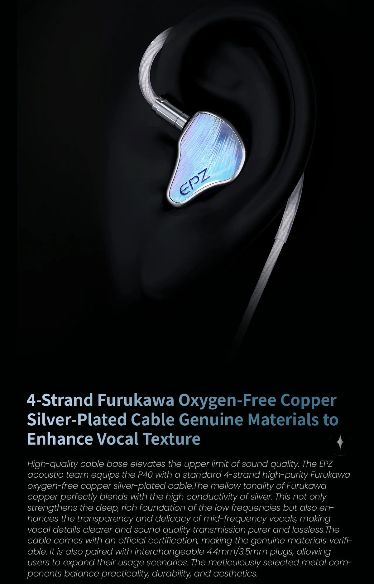 EPZ P40 PZT Ceramic HiFi In-Ear Headphones 2DD+1Planar Hybrid Drivers, EPZ P40 Ceramic Earphones with Silver-Plated Cable, 4.4mm/3.5mm Audiophile IEM