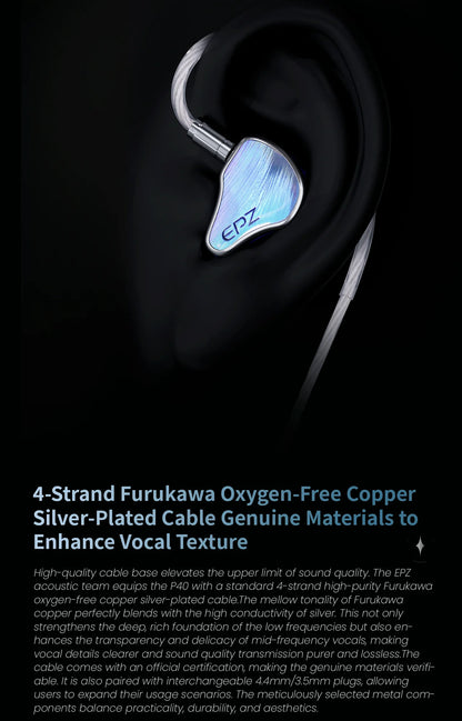 EPZ P40 PZT Ceramic HiFi In-Ear Headphones 2DD+1Planar Hybrid Drivers, EPZ P40 Ceramic Earphones with Silver-Plated Cable, 4.4mm/3.5mm Audiophile IEM