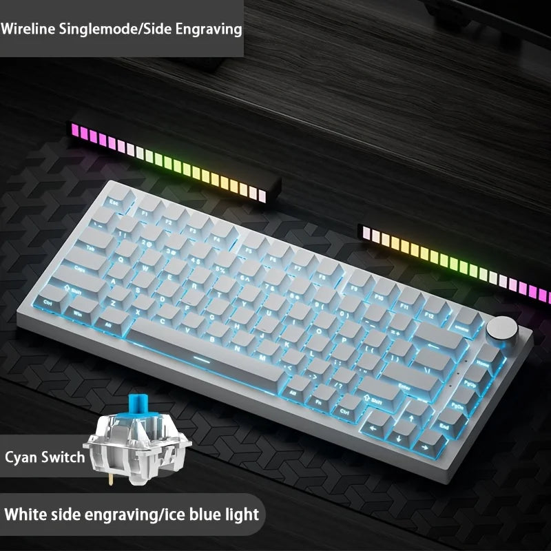 AJAZZ AK820 Wired Mechanical Keyboard Full-Key Hot-Swap Keyboard with Removable USB Port, White & Ice Blue Backlit Gaming Keyboard for PC