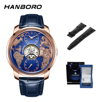 HANBORO World Time Series Men's Fully Automatic Mechanical Watch with Hollow Flywheel World Earth Personality Watch 1026