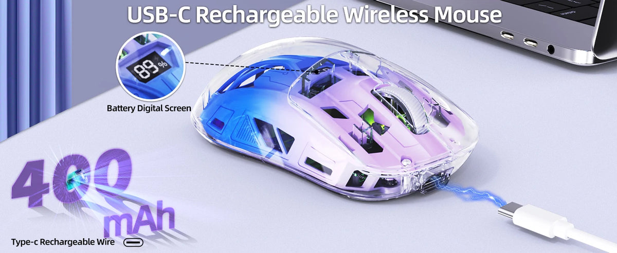 Brezžična gaming miška A2 Transparent, BT 5.0/2.4G za PC, polnilna RGB miška z digitalnim zaslonom, PixArt 3212, 5 nastavljivih DPI
