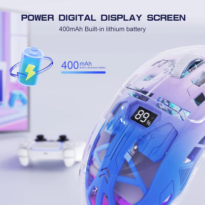 Brezžična gaming miška A2 Transparent, BT 5.0/2.4G za PC, polnilna RGB miška z digitalnim zaslonom, PixArt 3212, 5 nastavljivih DPI