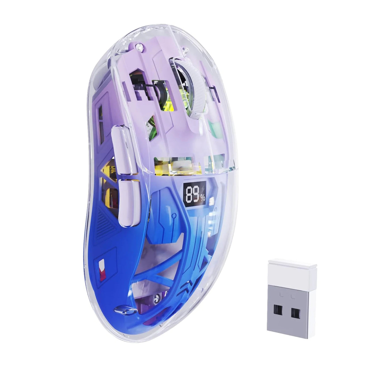 Brezžična gaming miška A2 Transparent, BT 5.0/2.4G za PC, polnilna RGB miška z digitalnim zaslonom, PixArt 3212, 5 nastavljivih DPI