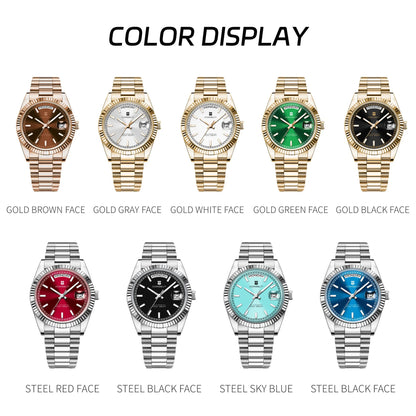 CORGEUT NH36 Mechanical Men's Watch Date of the Week Show President Chain Strap Steel Case Watch Threaded Arc Bezel waterp