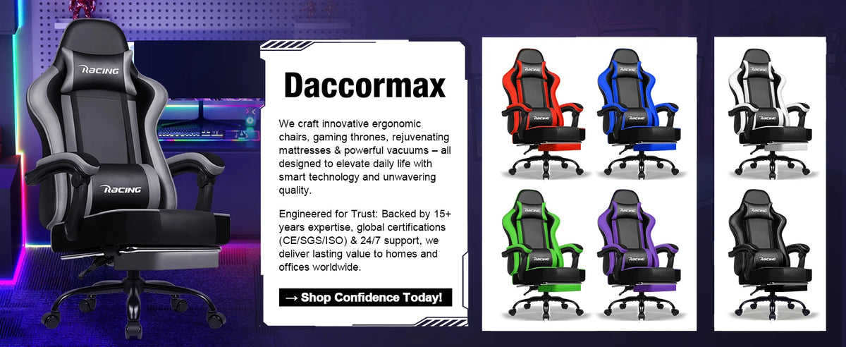 Daccormax Ergonomic Gaming Chair with Footrest, 170° Reclining PU Leather Racing Chair with Lumbar Support, Headrest & Office Comfort