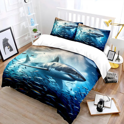 Shark swimming through fish swarm Print Soft Comfortable Duvet Cover Bedding Set Included 1*Duvet Cover  2*Pillowcases