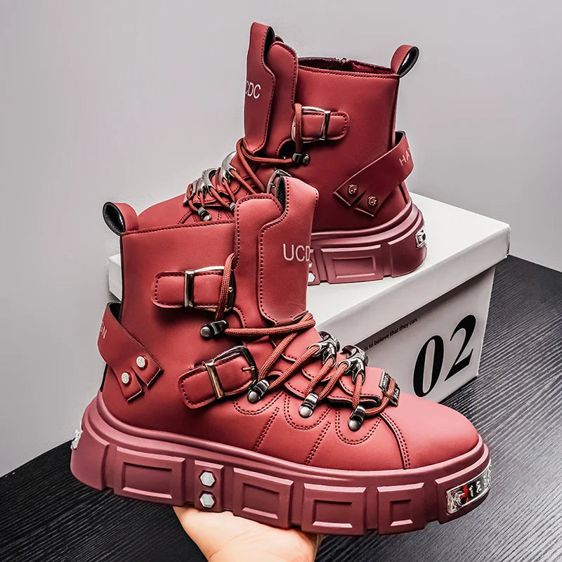 Fashion Rivet Black High top Sneakers Men Leather Design Luxury Shoes Street Gothic Punk Boots Men Motorcycle Boots Big Size 46