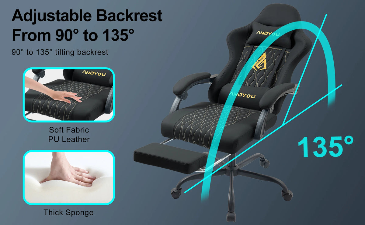Andyou Ergonomic Gaming Chair with Reclining PU Leather Seat, Swivel Computer Gaming Chair with Adjustable Height, Lumbar Support & Footrest Design