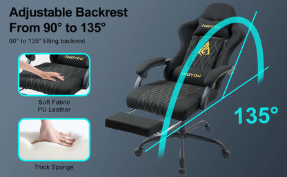 Andyou Ergonomic Gaming Chair with Reclining PU Leather Seat, Swivel Computer Gaming Chair with Adjustable Height, Lumbar Support & Footrest Design