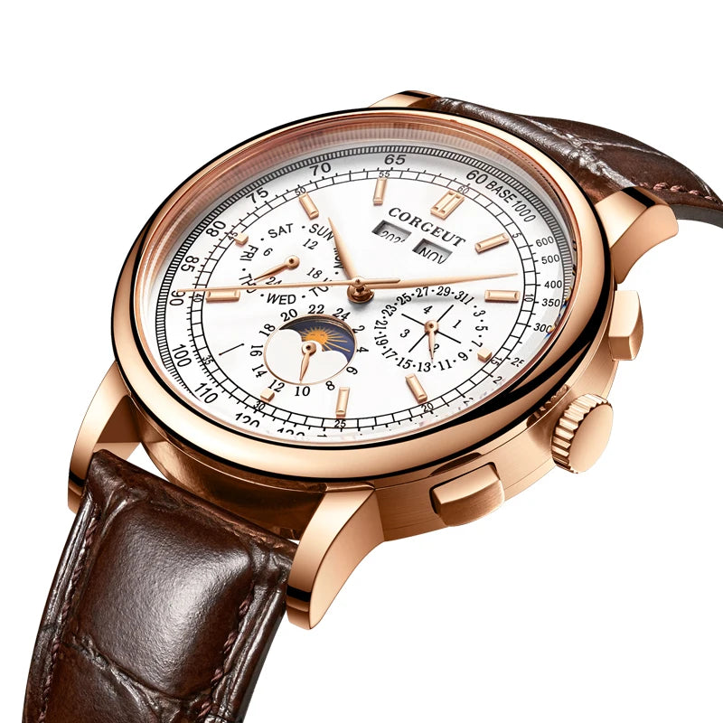 CORGEUT Automatic Mechanical Luxury Watches For Man Business Multification Date Day Month Year 316L Mechanical Men's Watches