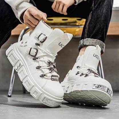 Fashion Rivet Black High top Sneakers Men Leather Design Luxury Shoes Street Gothic Punk Boots Men Motorcycle Boots Big Size 46