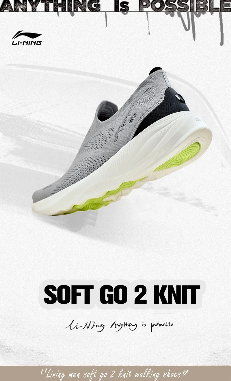 Pánské nazouvací volnočasové vycházkové boty Li-Ning SOFT GO 2 KNIT, tlumicí, pohodlné a stabilní; síťované každodenní sportovní běžecké tenisky LiNing AGLV017