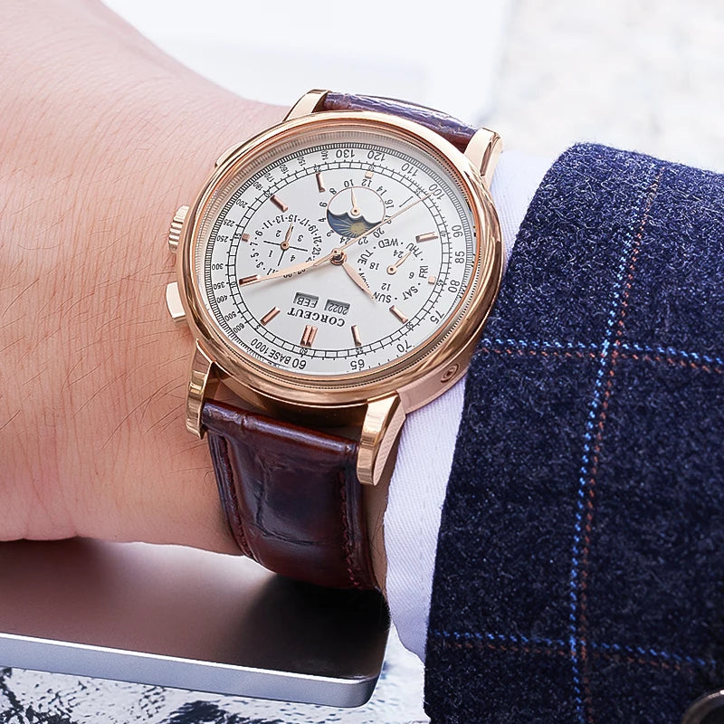 CORGEUT Automatic Mechanical Luxury Watches For Man Business Multification Date Day Month Year 316L Mechanical Men's Watches