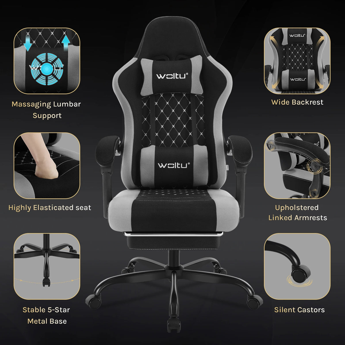 Cadeira de computador giratória WOLTU com função de massagem, cadeira de escritório ergonómica com almofada e apoio para os pés, cadeira gaming ajustável em altura