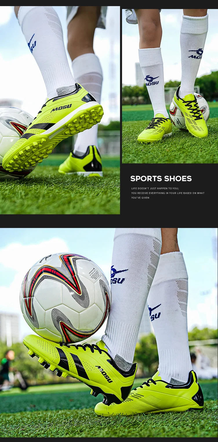 Nové pánské a dámské fotbalové boty pro halové i venkovní sporty, s dlouhými a lomenými kolíky na fotbalový trénink na podložce