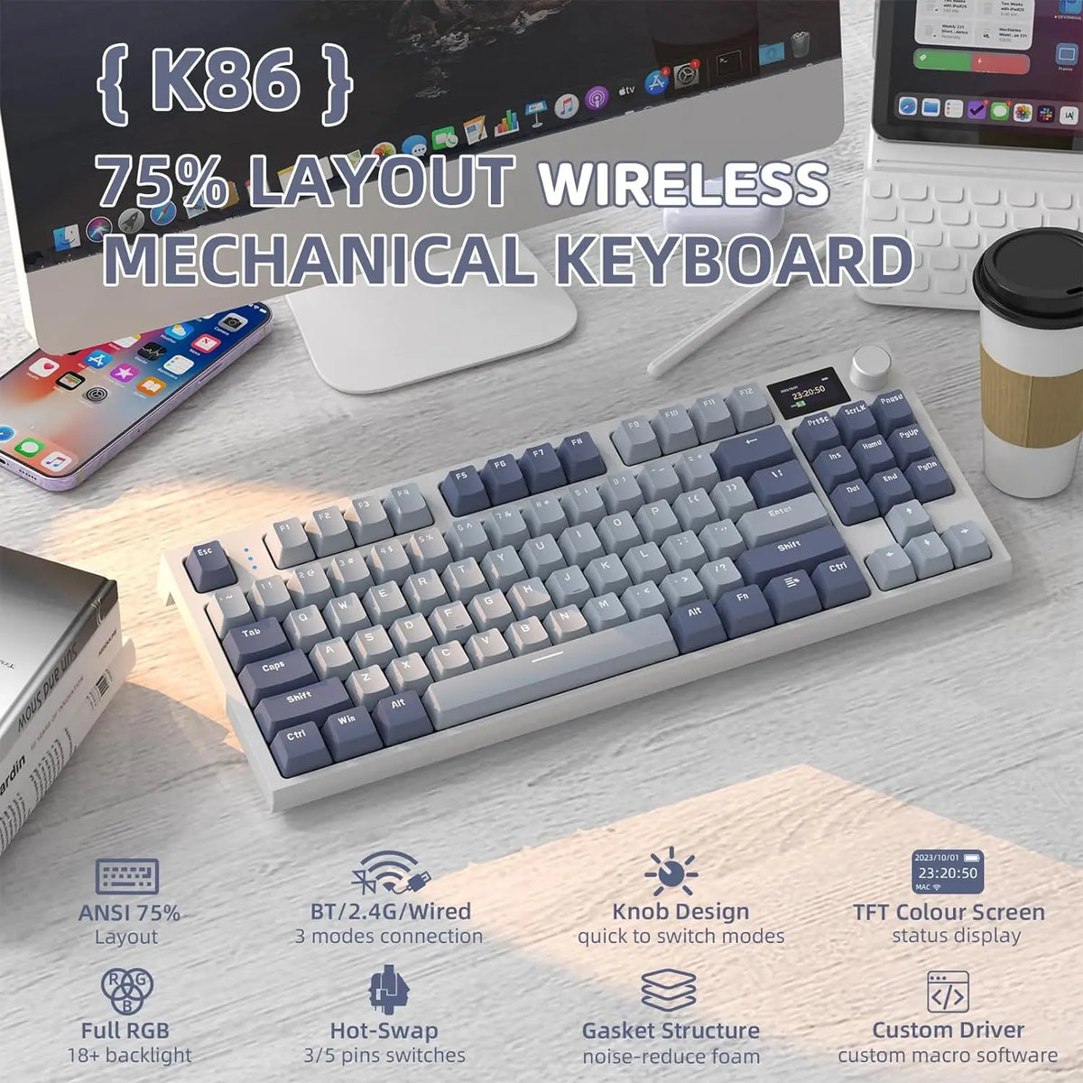 RK86 Wireless Mechanical Keyboard 75% TKL Tri-Mode Gaming Keyboard, Hot Swappable RGB Mechanical Keyboard with Gasket Mount, TFT Smart Display