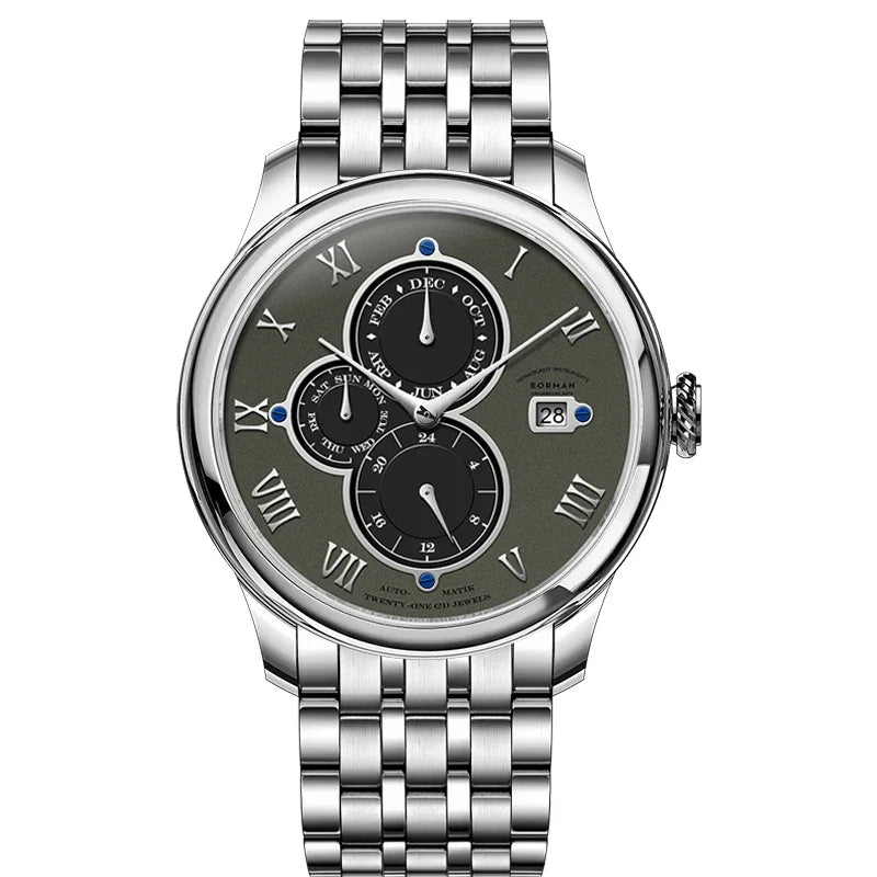Marca de luxo BORMAN: Relógios mecânicos automáticos para homem, com cristal de safira, resistentes à água até 50 m, mostrador multifunções e bracelete em pele de estilo retro – BM18011