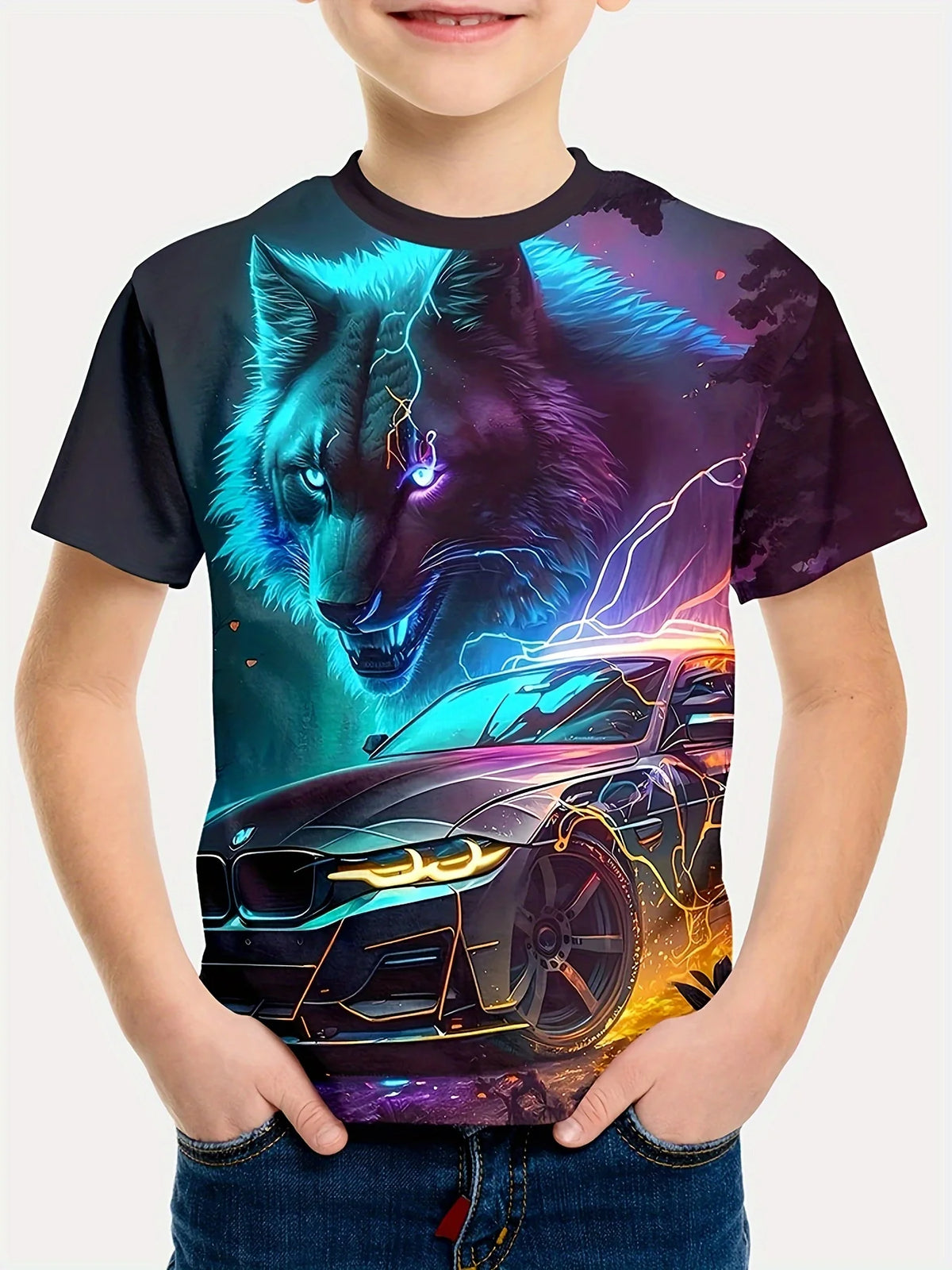 Children's Clothing Boys Tshirt Short Sleeve Cool 3D Wolf Print Kids Summer Clothes Stylish Streetwear Round Neck Girl Clothes﻿