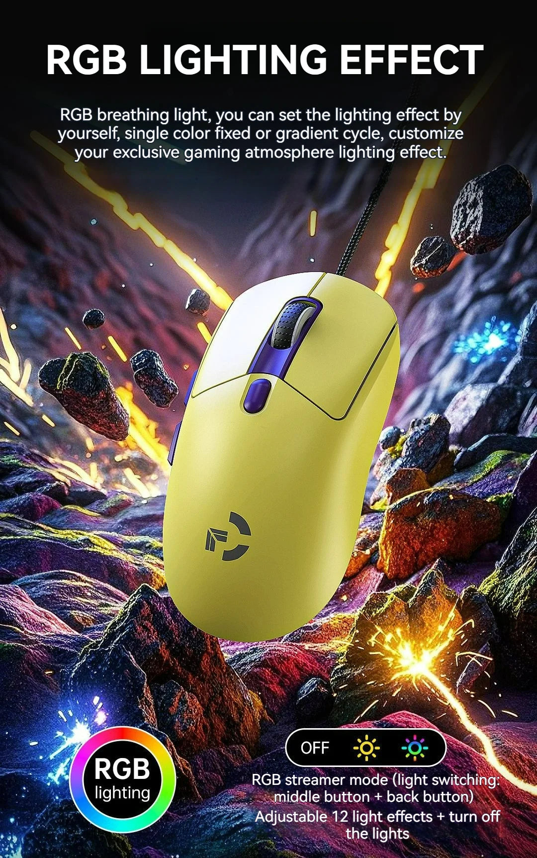 Ratón gaming con cable, 6 niveles de DPI ajustables hasta 12800DPI, chip A825 instantáneo, RGB, programación de macros, diseño ergonómico, ratón universal