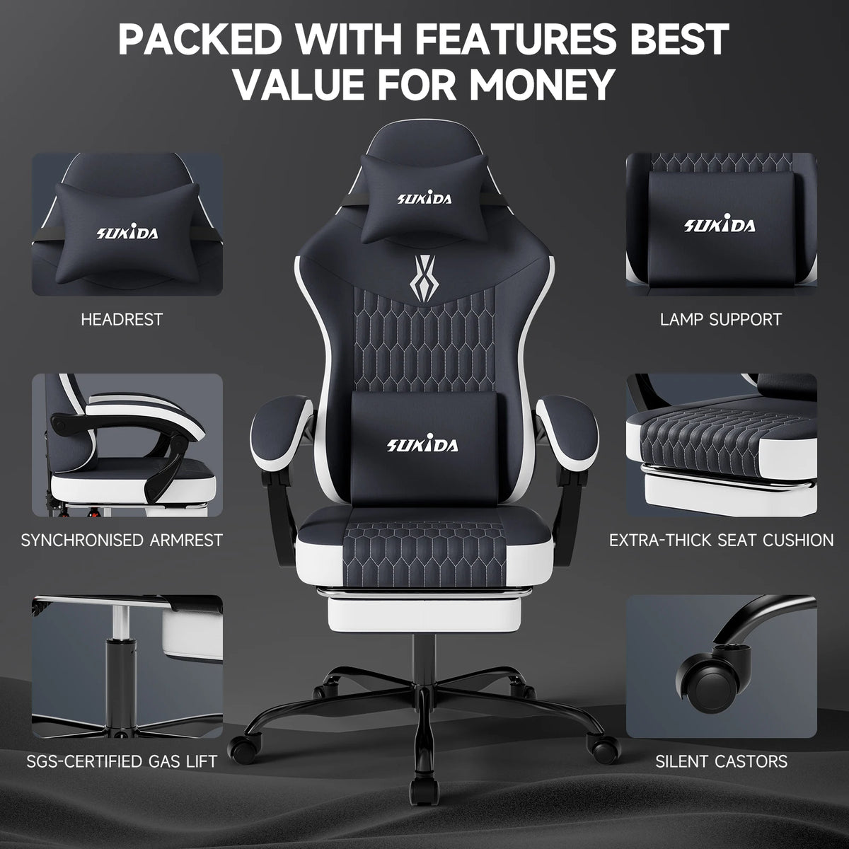 SUKIDA Gaming Chair Ergonomic Gamer Chair with Footrest, Adjustable Lumbar Support Pillow, Reclining Office Chair for Gaming & Work