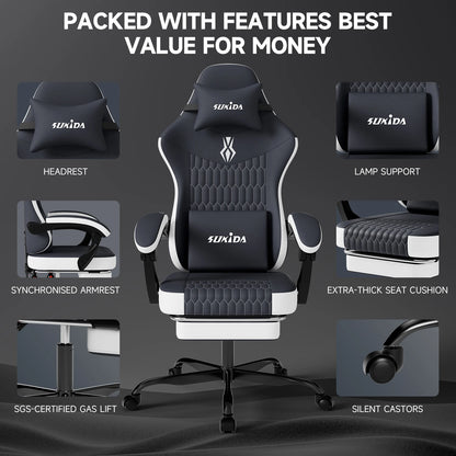 SUKIDA Gaming Chair Ergonomic Gamer Chair with Footrest, Adjustable Lumbar Support Pillow, Reclining Office Chair for Gaming & Work