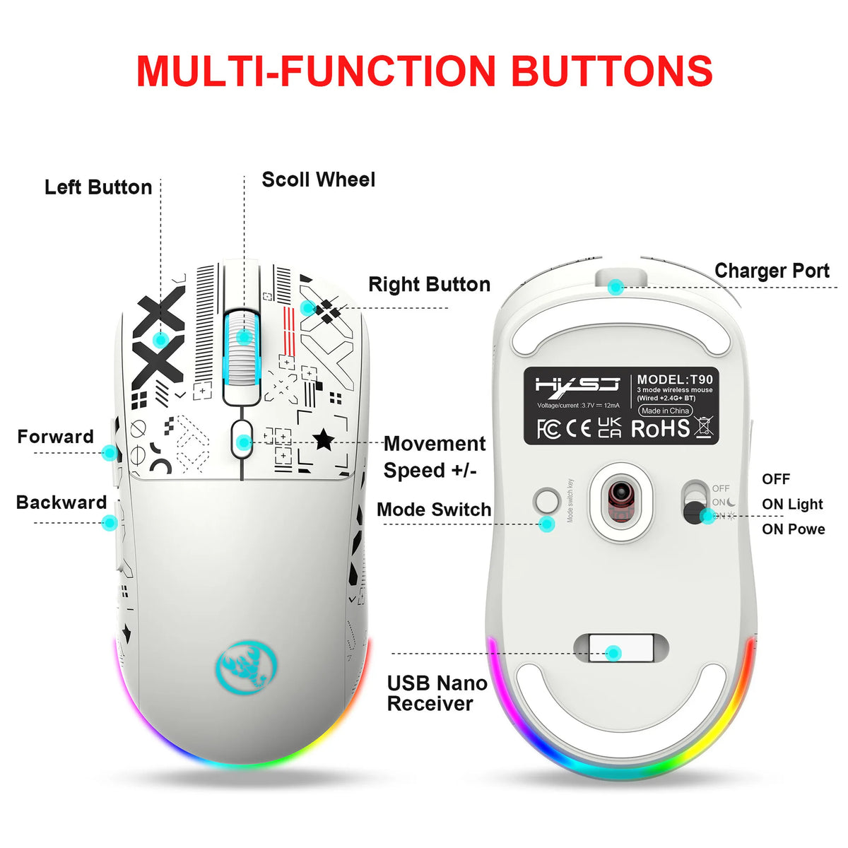 Mouse gaming Bluetooth a 3 modalità, ricaricabile, 2.4G USB wireless, con retroilluminazione RGB, per iPad, tablet, laptop e computer