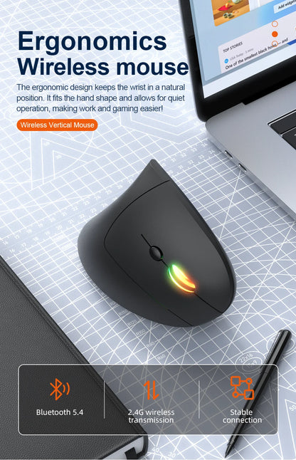 Mouse verticale wireless Bluetooth 2.4G ricaricabile ergonomico 1600DPI regolabile da gaming 6 pulsanti per laptop PC computer