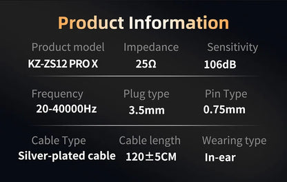 Auscultadores intra-auriculares KZ ZS12 PRO X Hybrid Dynamic Balanced Armature IEM, auscultadores intra-auriculares Hi-Fi com cabo destacável banhado a prata, auscultadores com fio de qualidade de estúdio